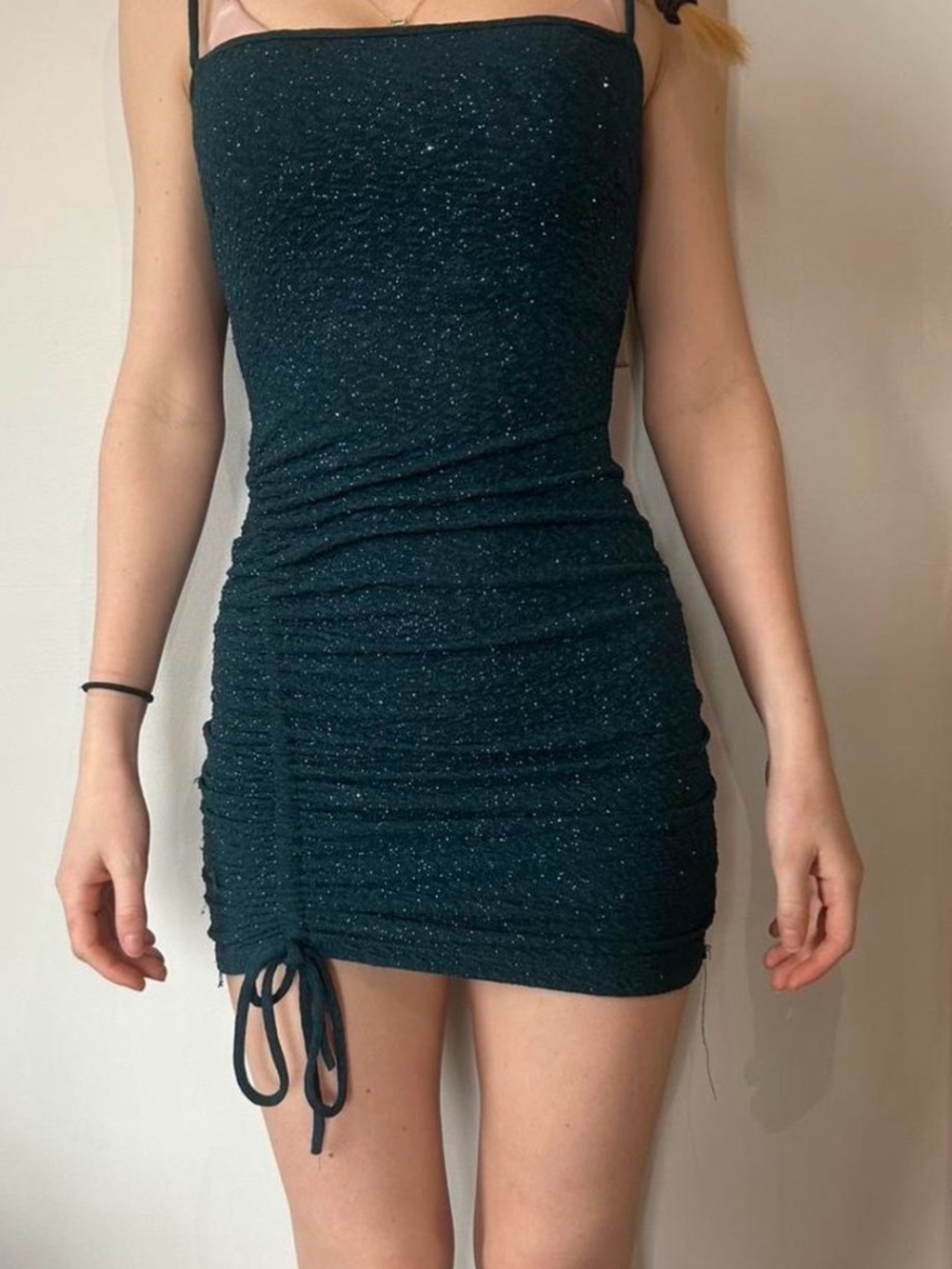 Windsor Teal Sparkle Ruched Strapless Mini Dress
